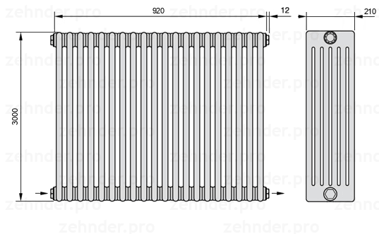 Схема (чертеж) Радиатор Zehnder Charleston 6300/20 №2670 Белый глянцевый RAL 9016